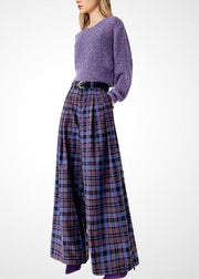 French Green Plaid Woolen Wide Leg Pants Fall