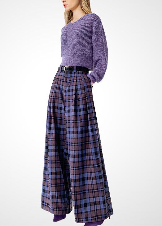 French Green Plaid Woolen Wide Leg Pants Fall