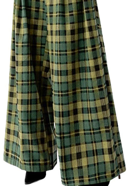 French Green Plaid Woolen Wide Leg Pants Fall