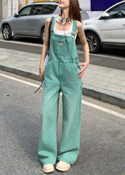 French Green Pockets High Waist Denim Jumpsuits Sleeveless