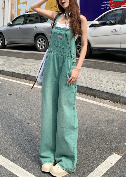 French Green Pockets High Waist Denim Jumpsuits Sleeveless