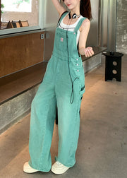 French Green Pockets High Waist Denim Jumpsuits Sleeveless
