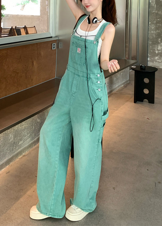 French Green Pockets High Waist Denim Jumpsuits Sleeveless