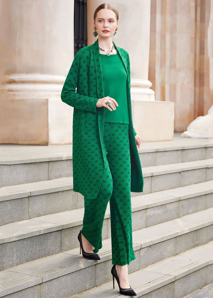 French Green Print Cotton blend Coats Vest And Straight Pants Three Piece Set Outfits Fall