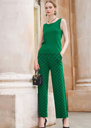French Green Print Cotton blend Coats Vest And Straight Pants Three Piece Set Outfits Fall
