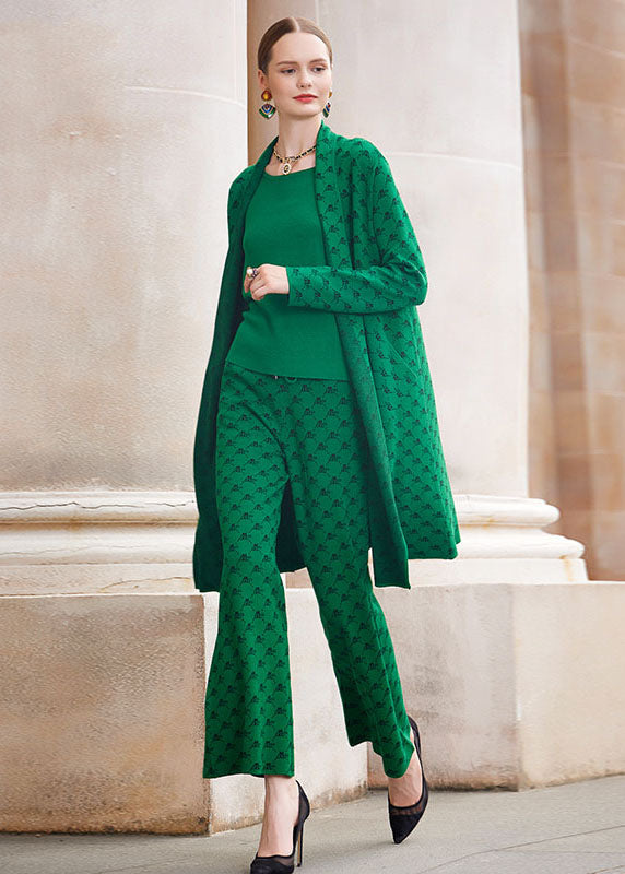 French Green Print Cotton blend Coats Vest And Straight Pants Three Piece Set Outfits Fall