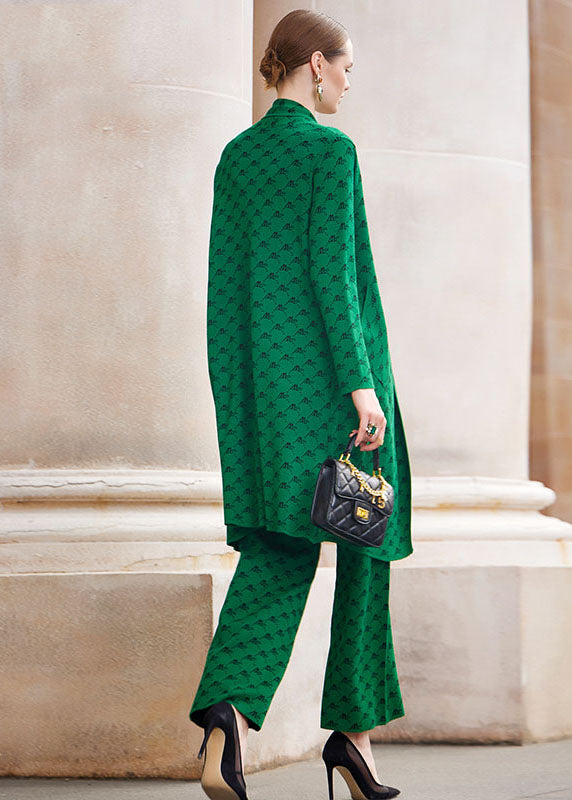 French Green Print Cotton blend Coats Vest And Straight Pants Three Piece Set Outfits Fall