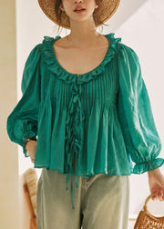 French Green Ruffled Lace Up Cotton Top Lantern Sleeve