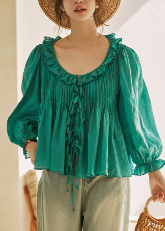 French Green Ruffled Lace Up Cotton Top Lantern Sleeve