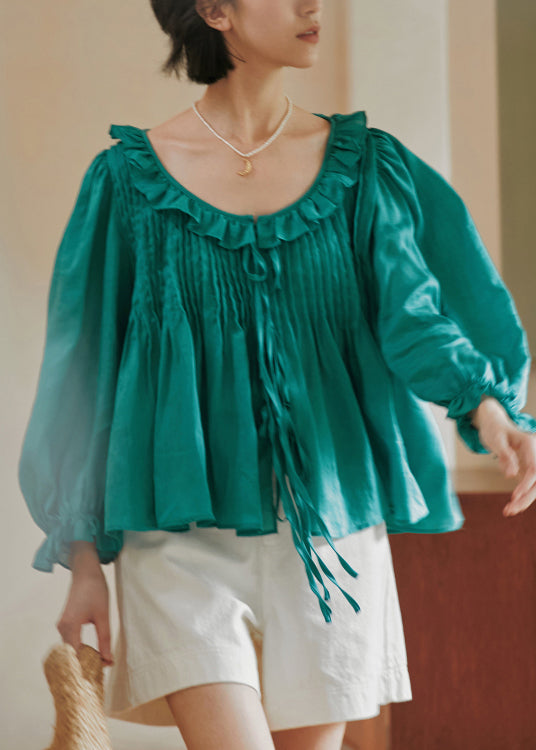 French Green Ruffled Lace Up Cotton Top Lantern Sleeve