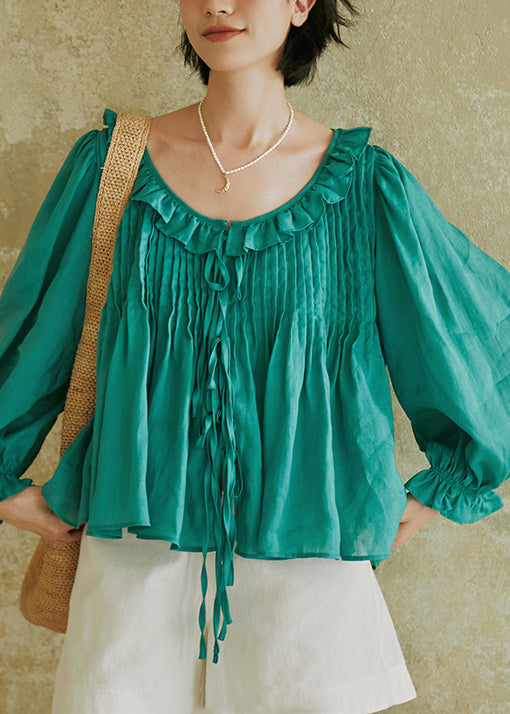 French Green Ruffled Lace Up Cotton Top Lantern Sleeve