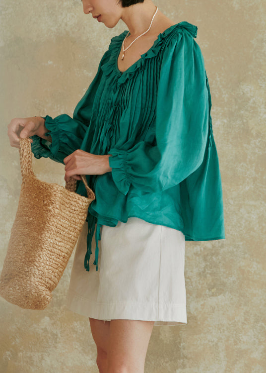 French Green Ruffled Lace Up Cotton Top Lantern Sleeve