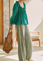 French Green Ruffled Lace Up Cotton Top Lantern Sleeve