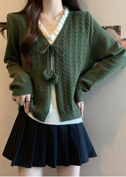French Green Ruffled Patchwork Knit Fake Two Piece Sweaters Fall