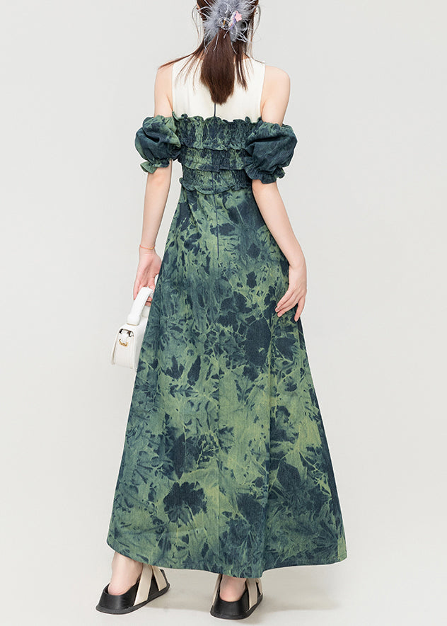 French Green Ruffled Side Open Patchwork Denim Slim Fit Dress Summer