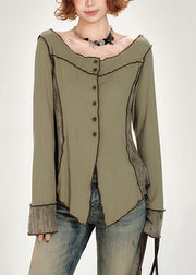 French Green Slash Neck Button Patchwork Cotton Top Fall