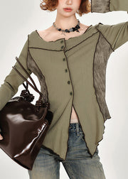 French Green Slash Neck Button Patchwork Cotton Top Fall