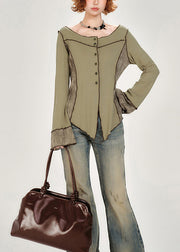 French Green Slash Neck Button Patchwork Cotton Top Fall