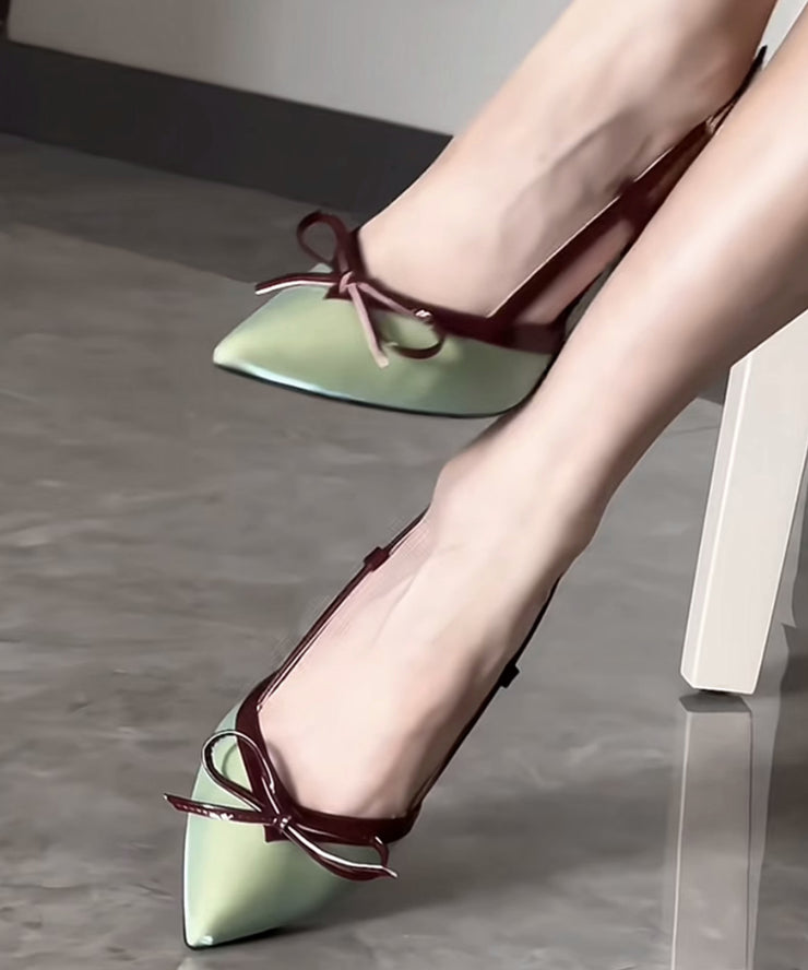 French Green Splicing Stiletto Sandals Pointed Toe Bow