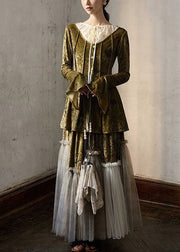 French Green Tulle Patchwork Tie Lace Silk Velvet Top And Maxi Skirts Two Piece Set Fall