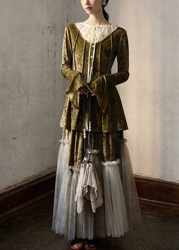 French Green Tulle Patchwork Tie Lace Silk Velvet Top And Maxi Skirts Two Piece Set Fall