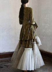 French Green Tulle Patchwork Tie Lace Silk Velvet Top And Maxi Skirts Two Piece Set Fall