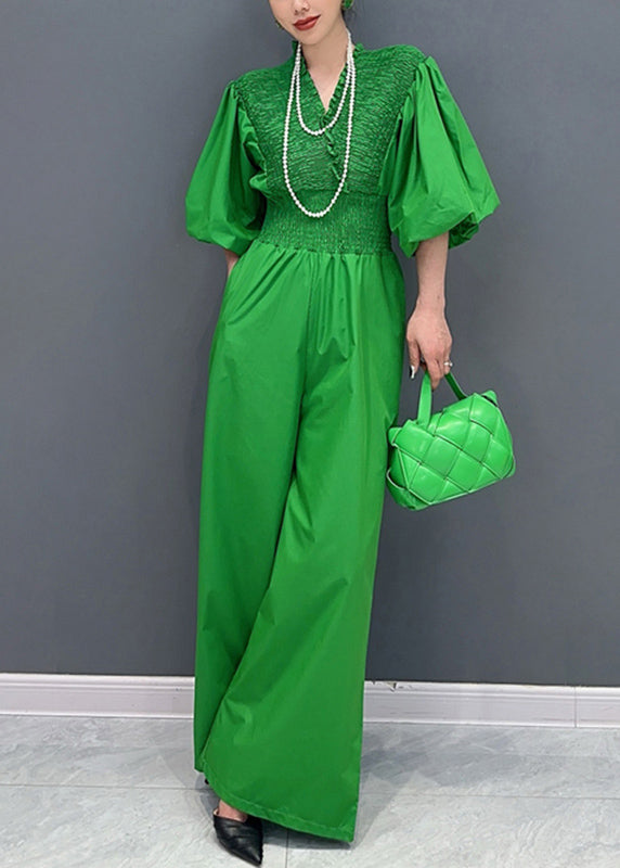 French Green V Neck Elastic Waist Jumpsuit Puff Sleeve