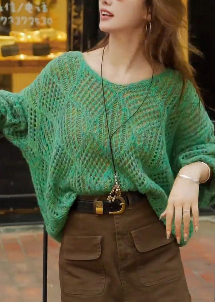 French Green V Neck Hollow Out Knit Sweaters Top Fall