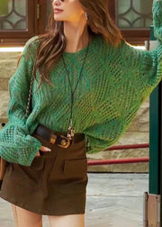 French Green V Neck Hollow Out Knit Sweaters Top Fall