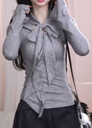 French Grey Bow Patchwork Cotton Shirt Tops Fall