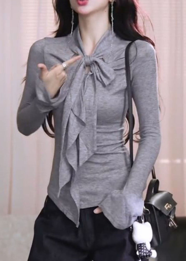 French Grey Bow Patchwork Cotton Shirt Tops Fall