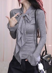 French Grey Bow Patchwork Cotton Shirt Tops Fall