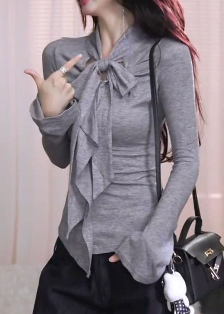 French Grey Bow Patchwork Cotton Shirt Tops Fall