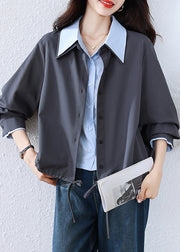 French Grey Button False Two Pieces Patchwork Cotton Blouses Fall