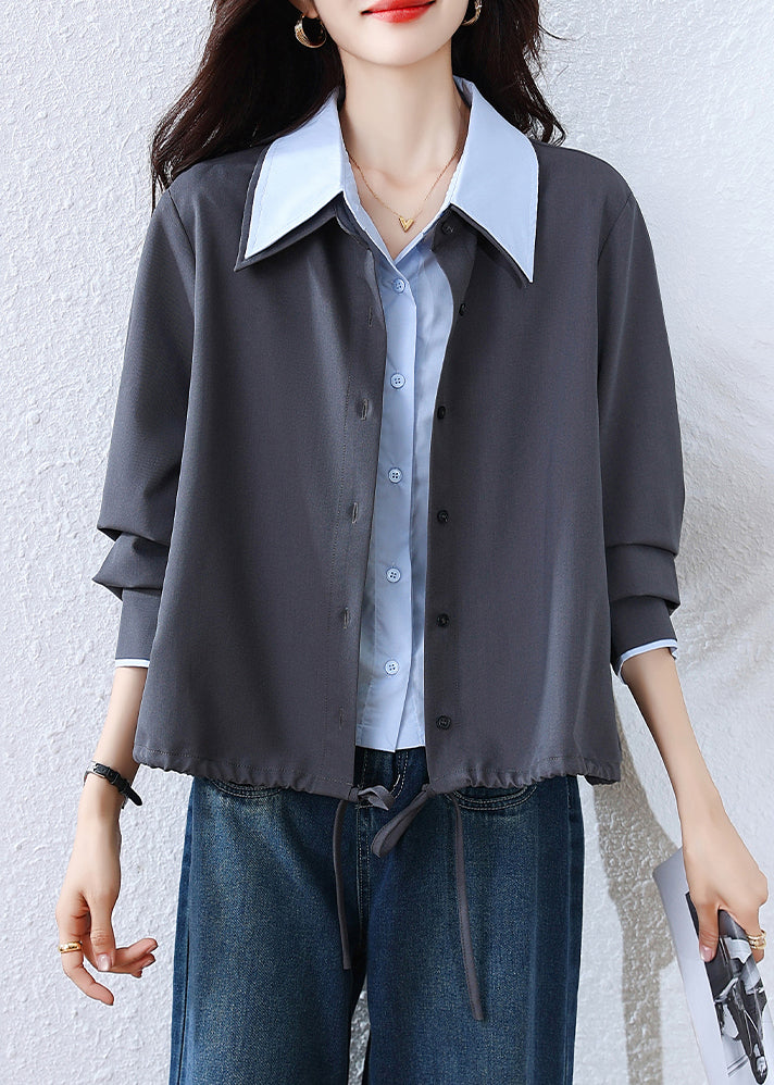 French Grey Button False Two Pieces Patchwork Cotton Blouses Fall