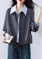 French Grey Button False Two Pieces Patchwork Cotton Blouses Fall