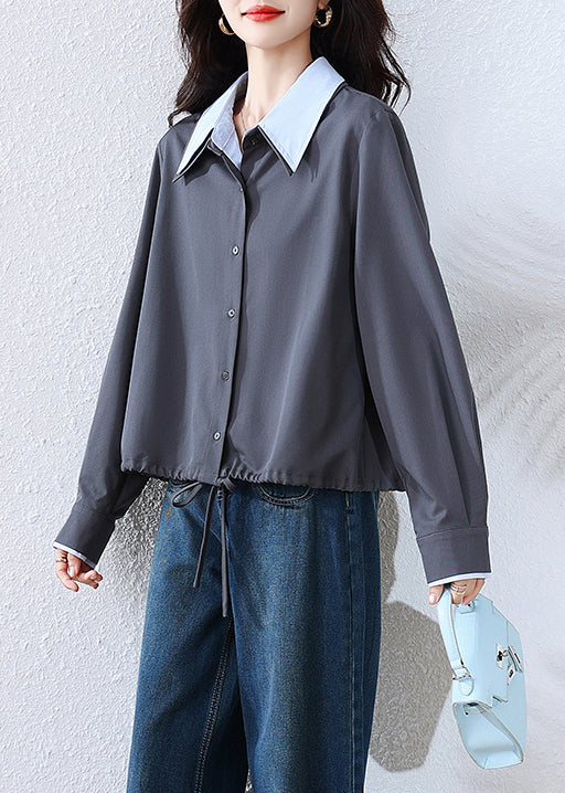French Grey Button False Two Pieces Patchwork Cotton Blouses Fall