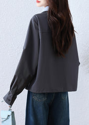 French Grey Button False Two Pieces Patchwork Cotton Blouses Fall