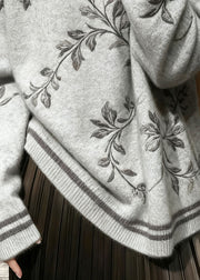 French Grey Embroidered Knit Sweater Tops Winter
