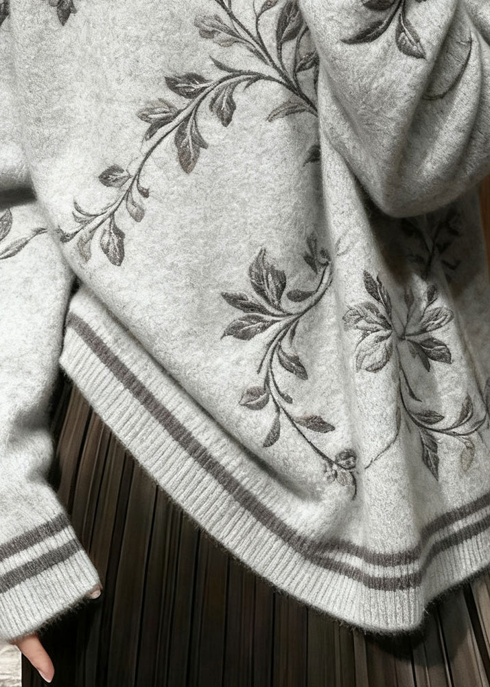 French Grey Embroidered Knit Sweater Tops Winter