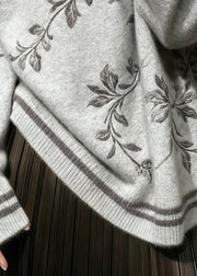 French Grey Embroidered Knit Sweater Tops Winter