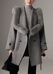 French Grey Fox Collar Tunic Woolen Long Coats Fall