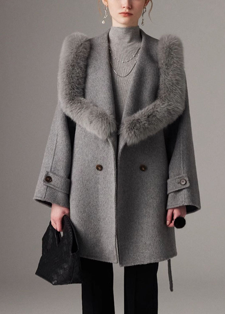 French Grey Fox Collar Tunic Woolen Long Coats Fall
