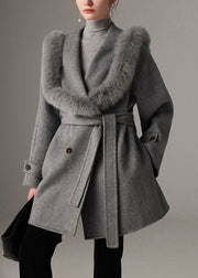 French Grey Fox Collar Tunic Woolen Long Coats Fall