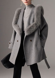 French Grey Fox Collar Tunic Woolen Long Coats Fall