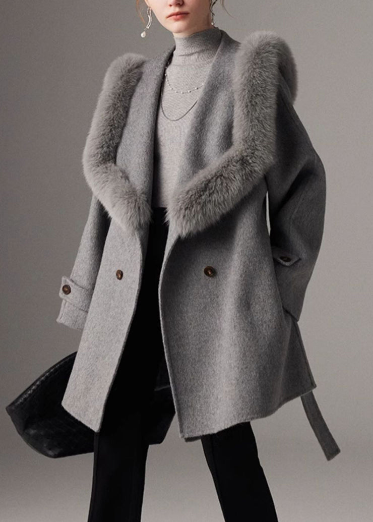 French Grey Fox Collar Tunic Woolen Long Coats Fall