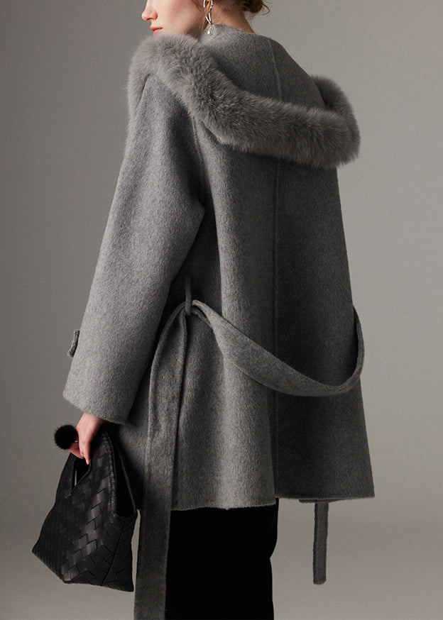 French Grey Fox Collar Tunic Woolen Long Coats Fall