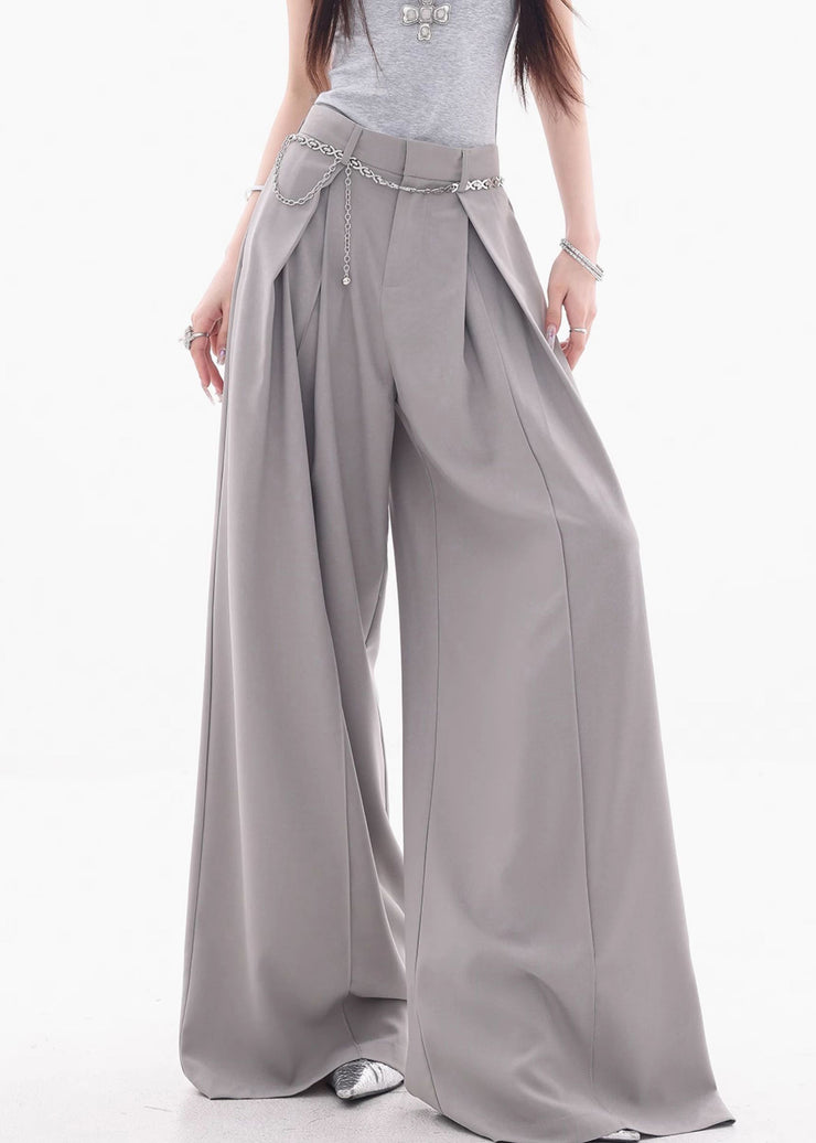 French Grey High Waist Solid Spandex Wide Leg Pants Fall