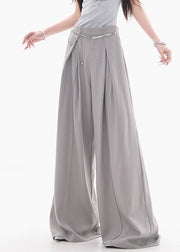 French Grey High Waist Solid Spandex Wide Leg Pants Fall