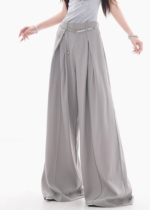 French Grey High Waist Solid Spandex Wide Leg Pants Fall